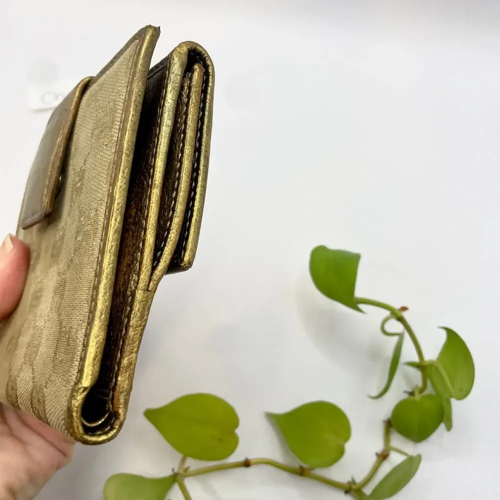 Gucci Gold Bow Beige Brown GG Canvas Leather Compact Square Wallet - Picture 4 of 10